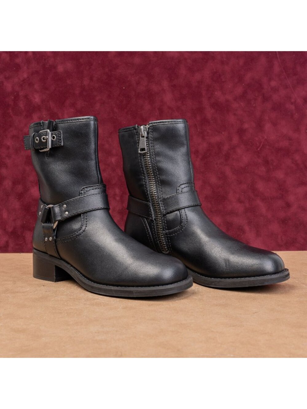 Open Edit Women Moto Chunky Black Vegan Leather Harness Festival Boots sz 8.5